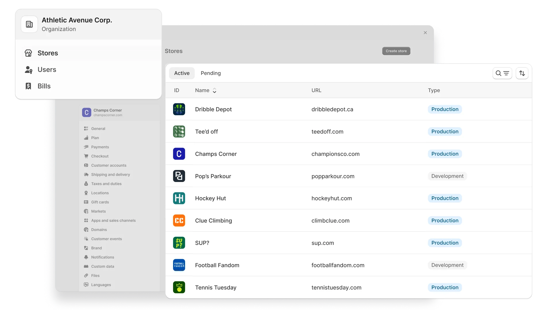 New account dropdown + store switcher
