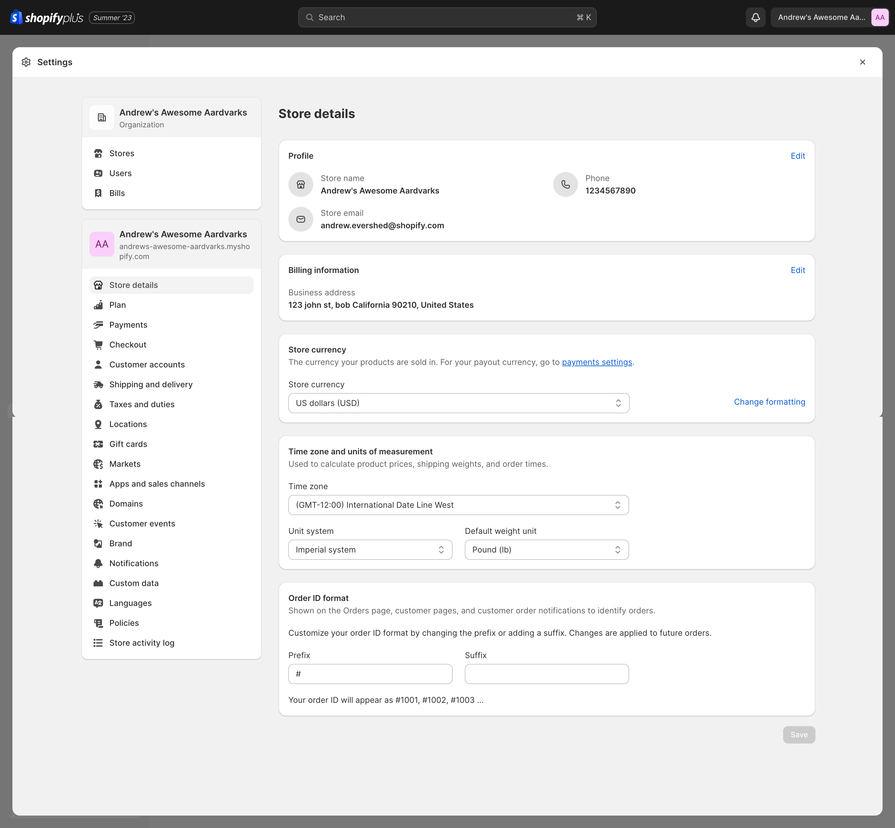New Shopify Store Details page