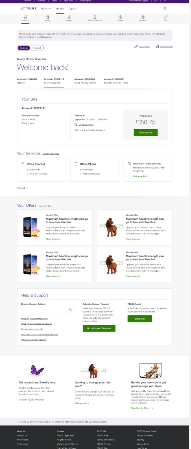 My TELUS Overview — final redesigned page