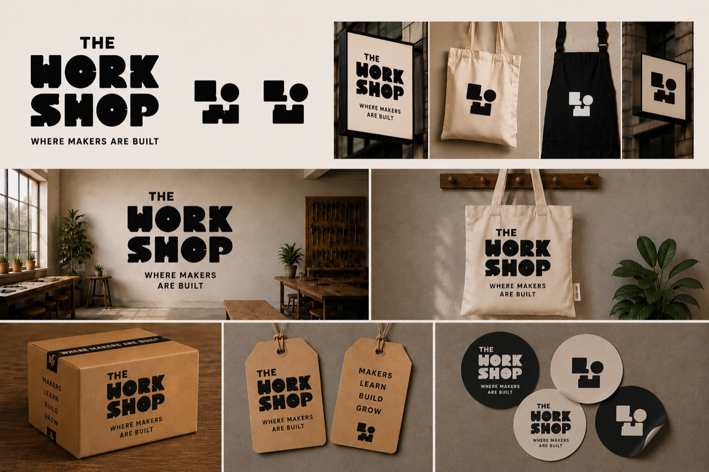 The Assembly Mark direction — modular geometric mark across signage, tote, apron, packaging, and stickers