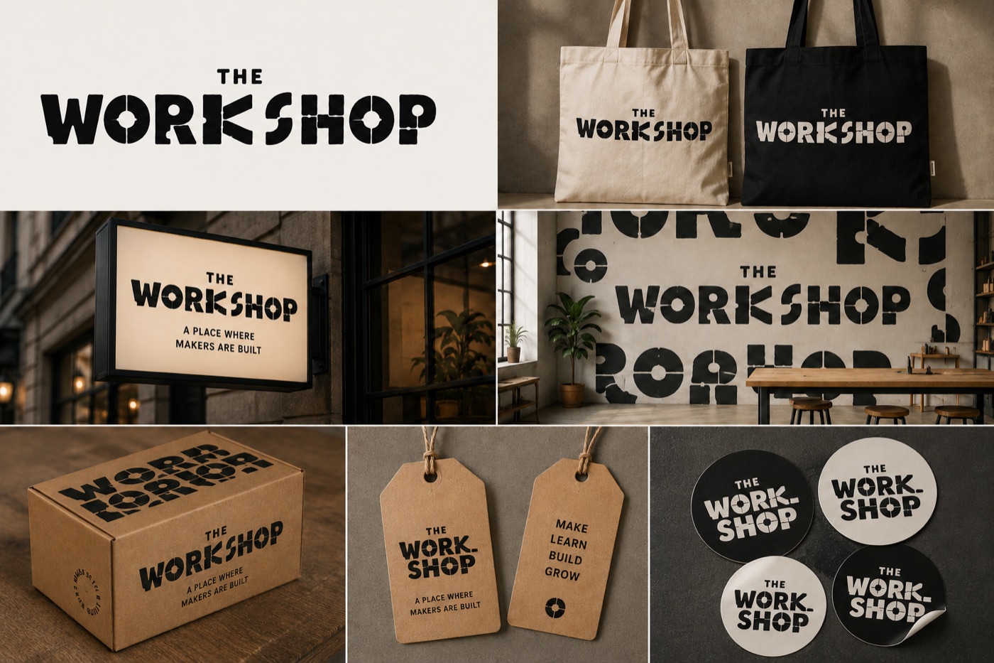 Built direction — bold stencil wordmark applied across tote bags, signage, packaging, and stickers