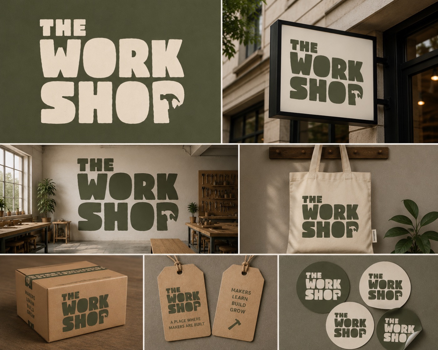 The Hammer direction — hand-drawn olive wordmark across signage, tote, packaging, and stickers