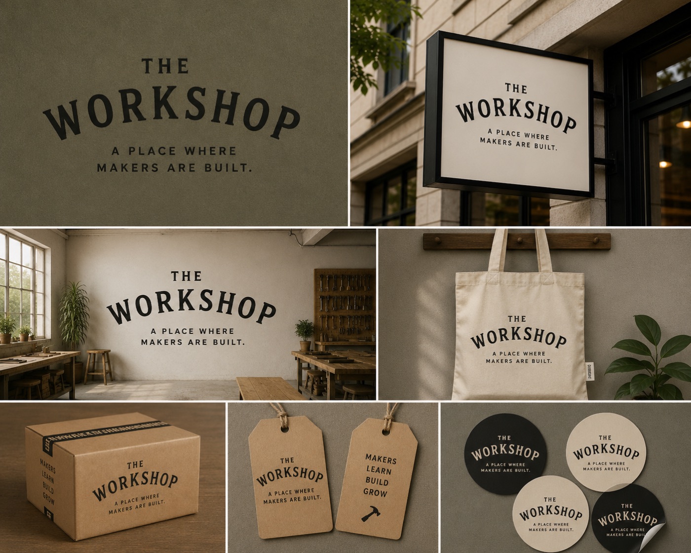 Creative Institution direction — clean serif wordmark across signage, tote, packaging, and stickers