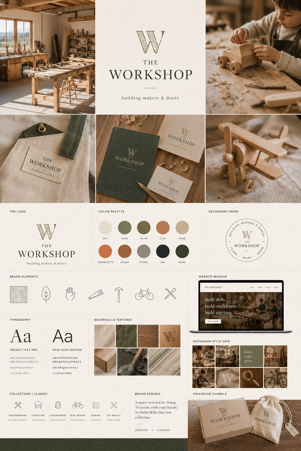 Early brand exploration — rustic woodshop aesthetic with literal tool imagery