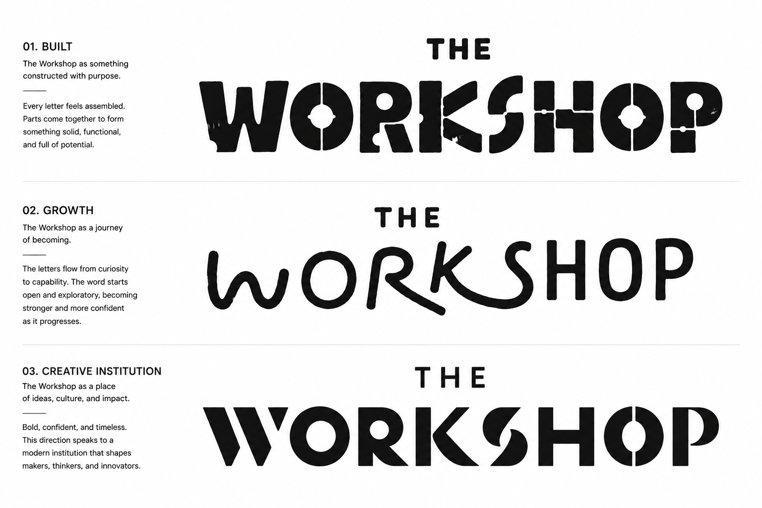Final direction — three confident typographic wordmarks, no clichés